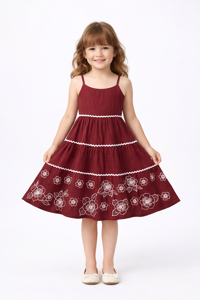 Girls’ Burgundy Tiered Maxi Dress with Cream Bolero Jacket