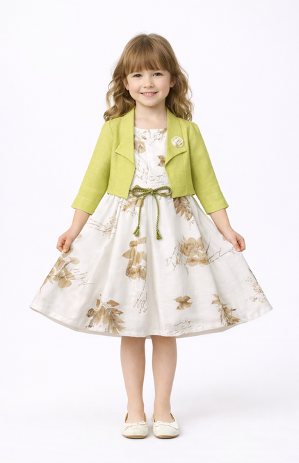 Gemini said Girls' Floral Print A-Line Dress with Lime Green Crepe Bolero