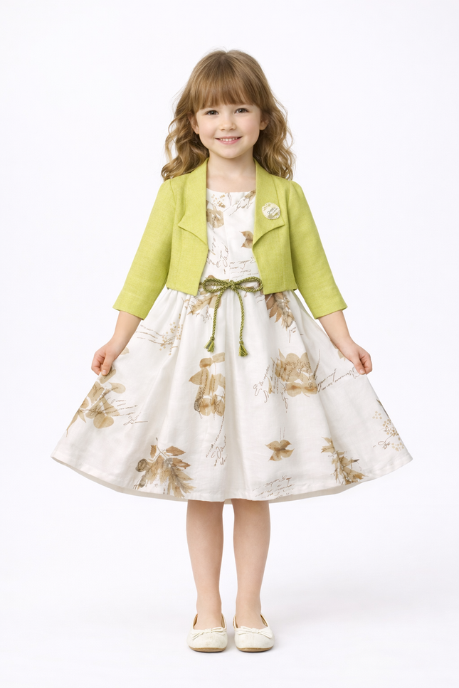 Gemini said Girls' Floral Print A-Line Dress with Lime Green Crepe Bolero