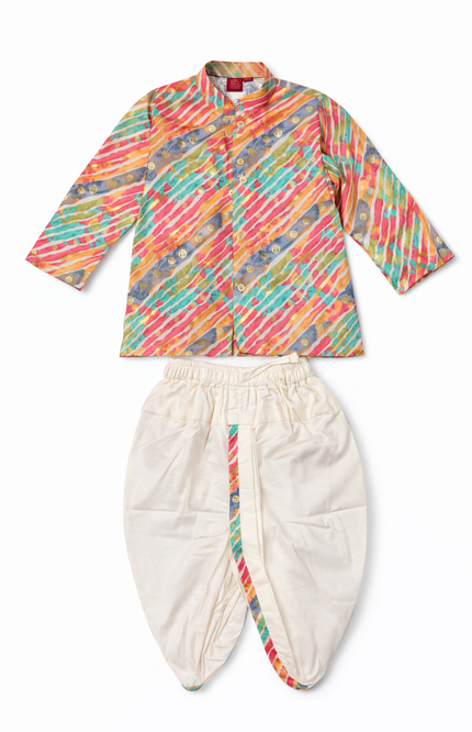 Boys’ Vibrant Multi-Color Rayon Leheriya Kurta & Cotton-Poly Dhoti Set