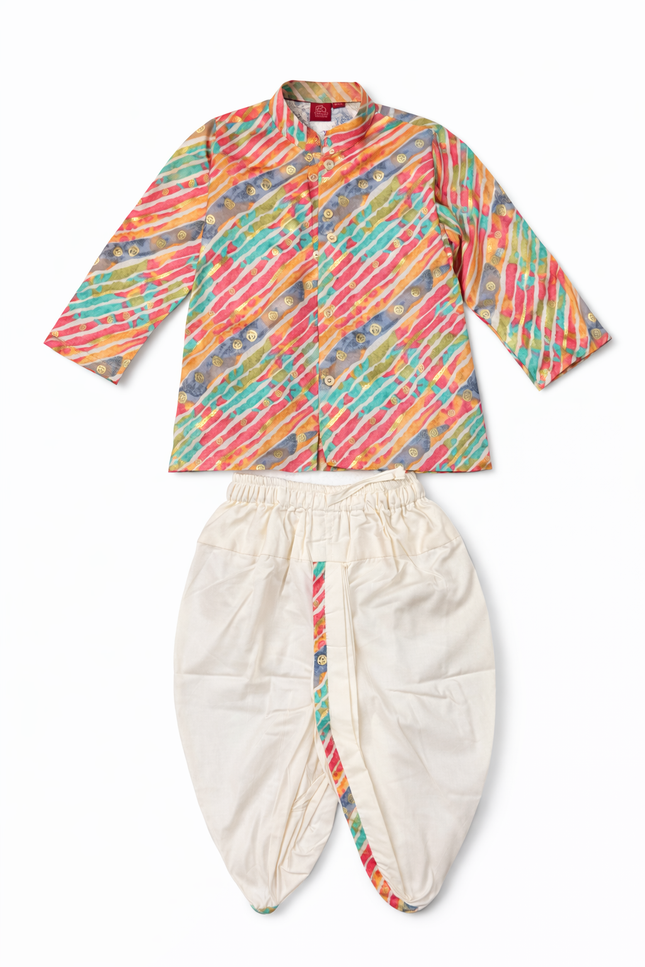 Boys’ Vibrant Multi-Color Rayon Leheriya Kurta & Cotton-Poly Dhoti Set