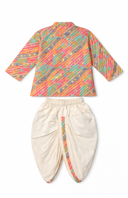Boys’ Vibrant Multi-Color Rayon Leheriya Kurta & Cotton-Poly Dhoti Set