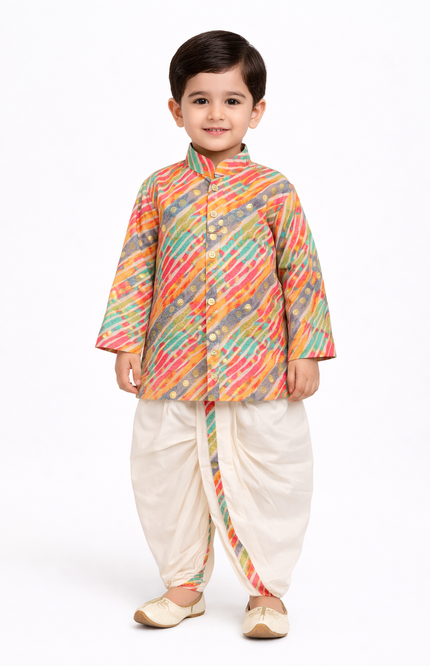 Boys’ Vibrant Multi-Color Rayon Leheriya Kurta & Cotton-Poly Dhoti Set