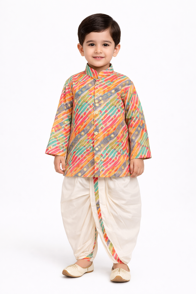 Boys’ Vibrant Multi-Color Rayon Leheriya Kurta & Cotton-Poly Dhoti Set