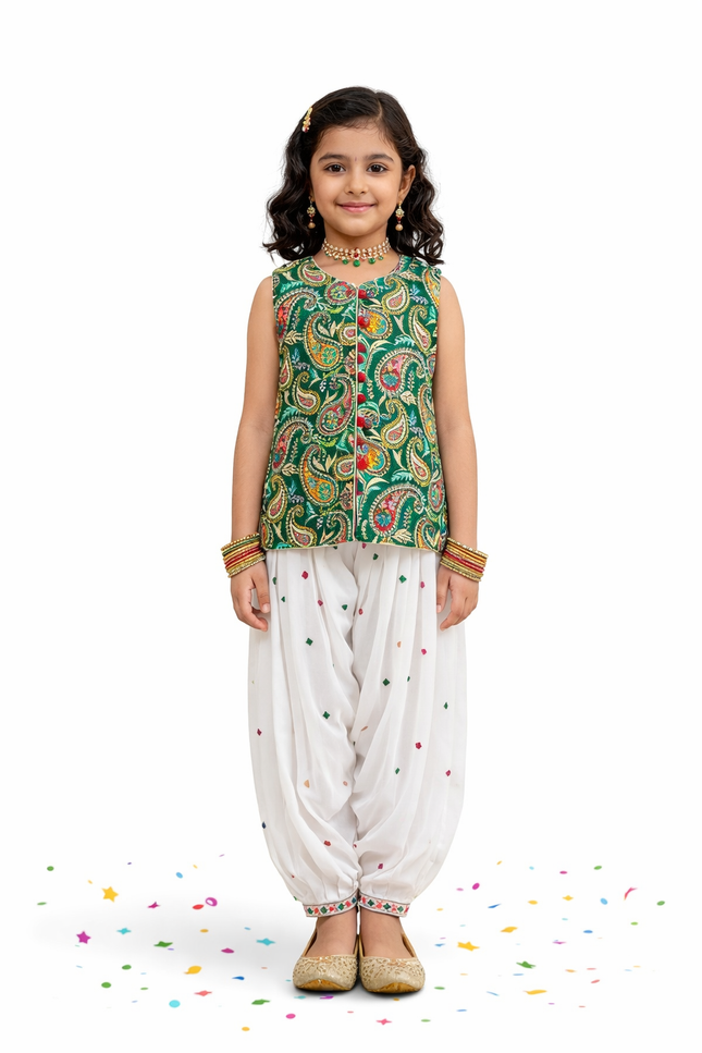 Girls' Emerald Green Paisley Koti and White Dhupati 3-Piece Set