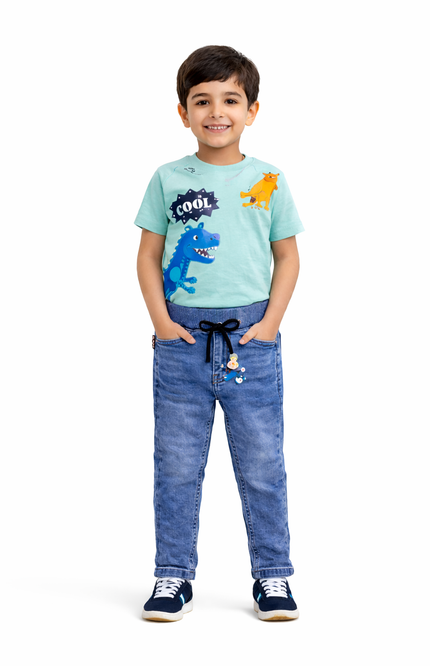 Kids' Comfort-Fit Denim Joggers – Faded Blue Elastic Waist Trousers