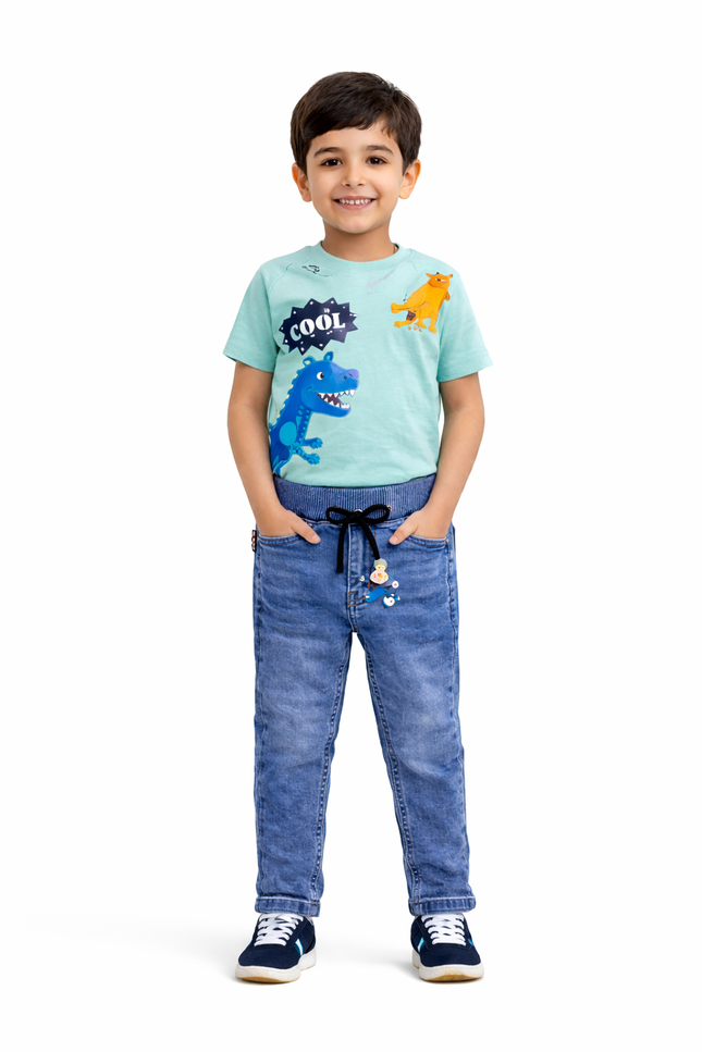Kids' Comfort-Fit Denim Joggers – Faded Blue Elastic Waist Trousers