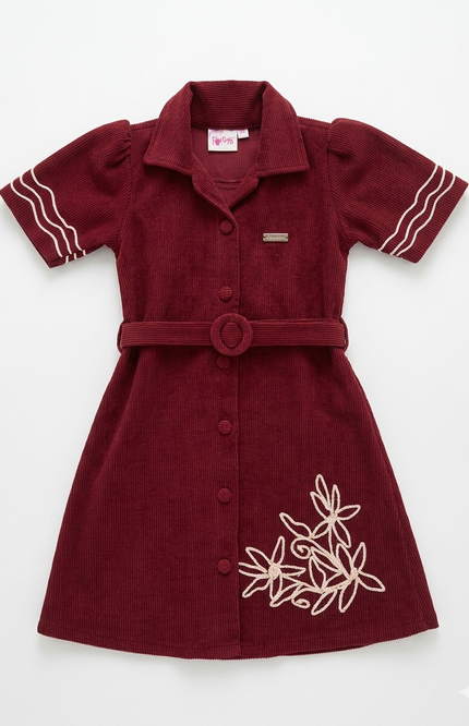 Girls' Maroon Corduroy A-Line Shirt Dress with Floral Embroidery