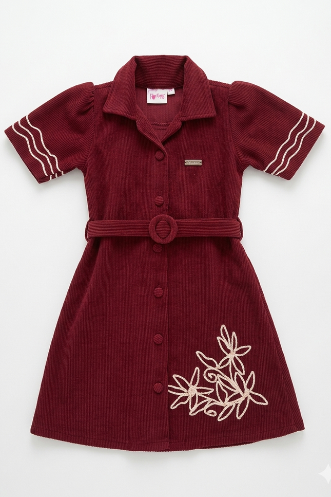 Girls' Maroon Corduroy A-Line Shirt Dress with Floral Embroidery