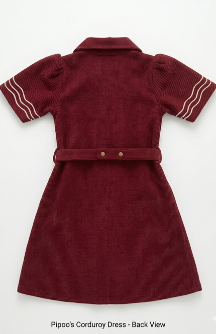 Girls' Maroon Corduroy A-Line Shirt Dress with Floral Embroidery