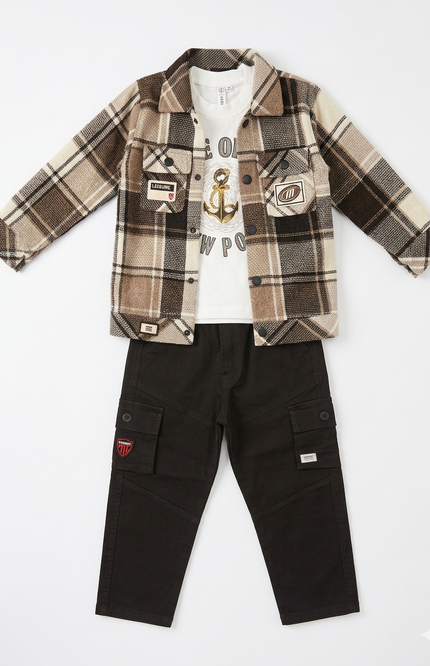 Boys' 3-Piece Plaid Shacket Set | Flannel Shirt, Graphic T-Shirt & Cargo Pants