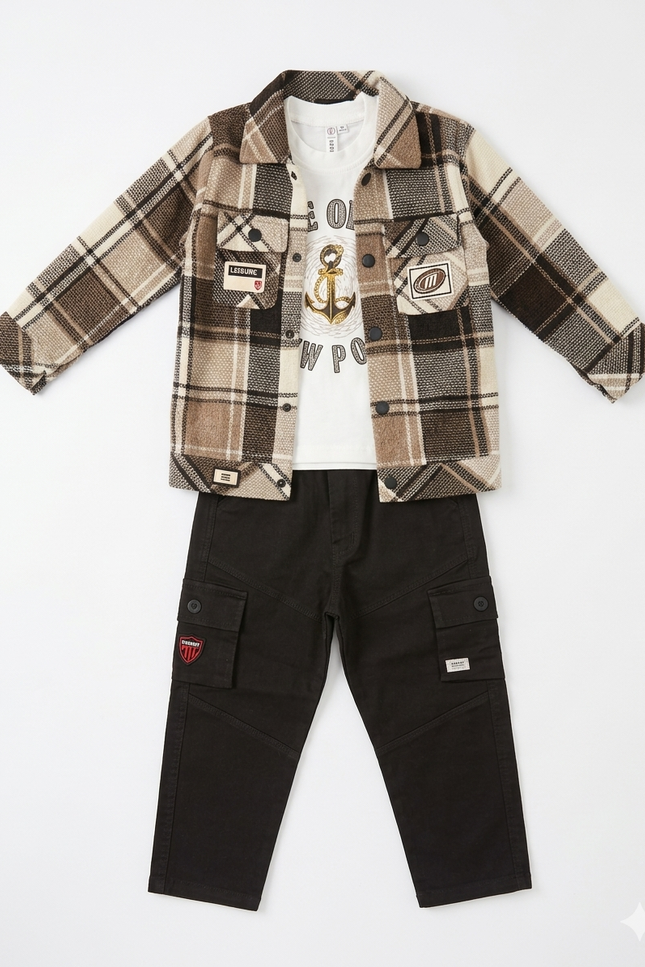 Boys' 3-Piece Plaid Shacket Set | Flannel Shirt, Graphic T-Shirt & Cargo Pants