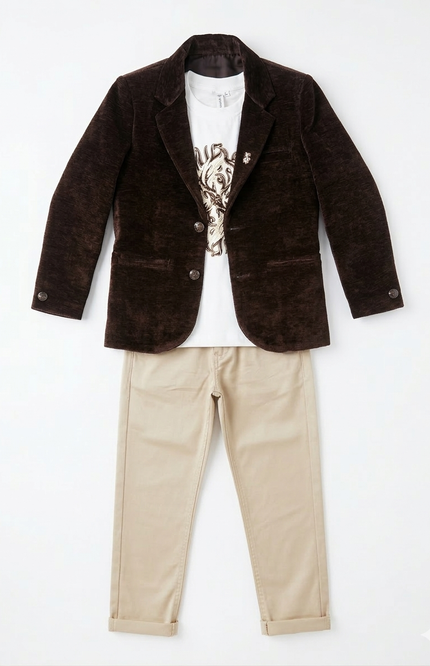 Boys' 3-Piece Velvet Blazer Set | Formal Suit with Graphic Tee & Chinos