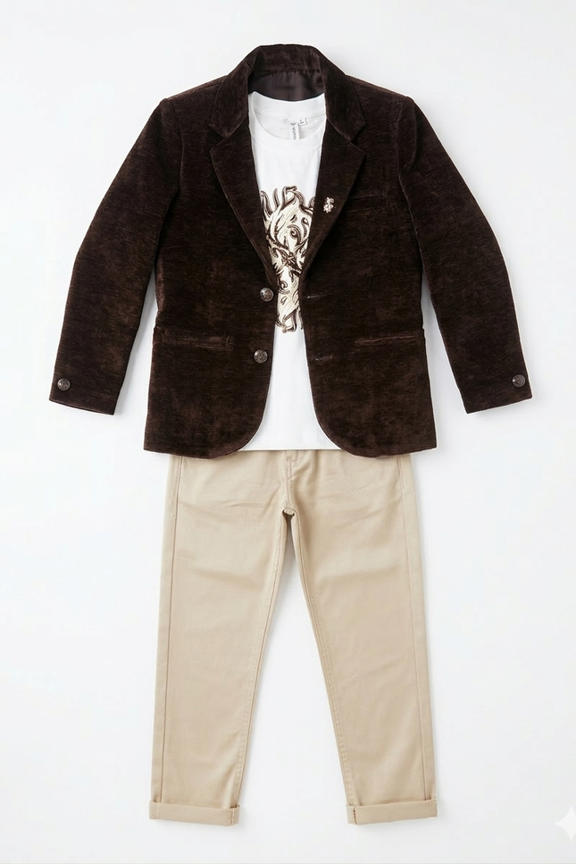 Boys' 3-Piece Velvet Blazer Set | Formal Suit with Graphic Tee & Chinos