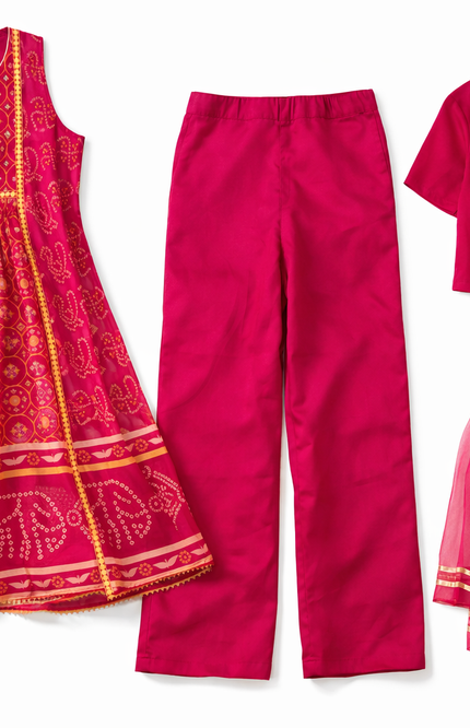 Girls' Pink Georgette Anarkali Kurta Set with Satin Pants and Net Dupatta