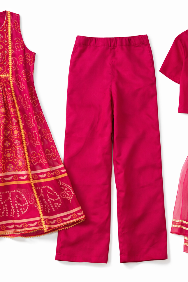 Girls' Pink Georgette Anarkali Kurta Set with Satin Pants and Net Dupatta