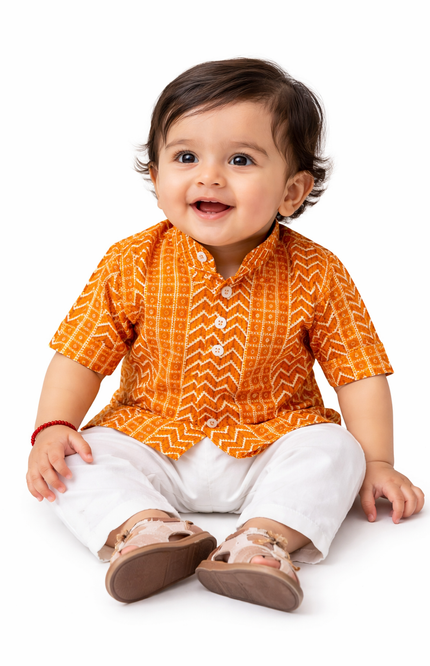 Infant Boys' Mustard Yellow Chevron Print Kurta with White Pajamas