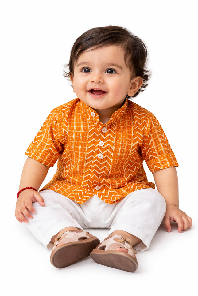 Infant Boys' Mustard Yellow Chevron Print Kurta with White Pajamas