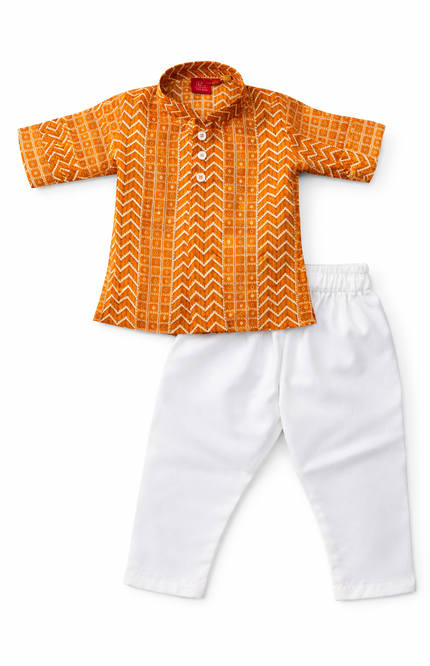 Infant Boys' Mustard Yellow Chevron Print Kurta with White Pajamas