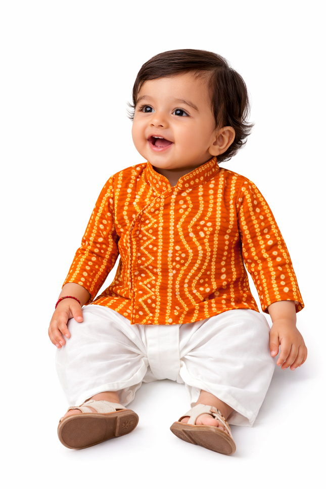 Infant Boys' Orange and Gold Bandhani Print Angrakha Kurta with White Dhoti Pants