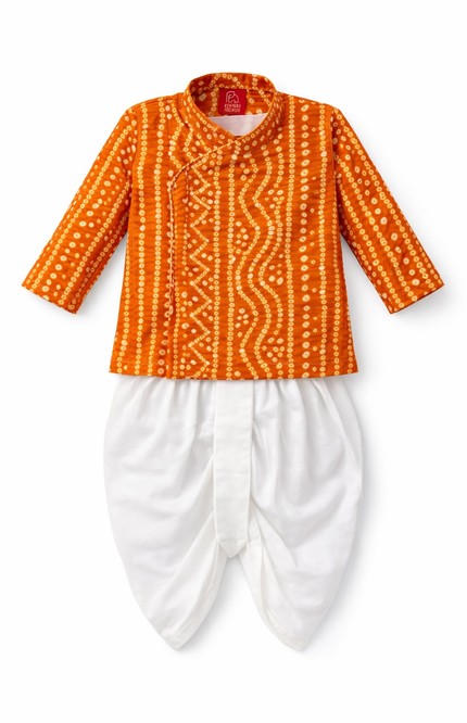 Infant Boys' Orange and Gold Bandhani Print Angrakha Kurta with White Dhoti Pants