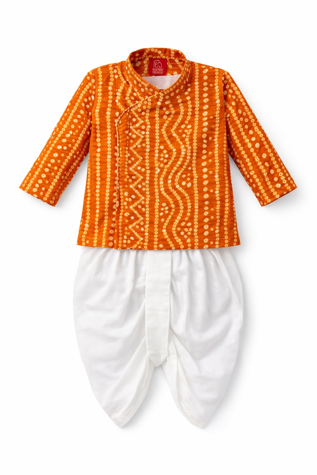 Infant Boys' Orange and Gold Bandhani Print Angrakha Kurta with White Dhoti Pants