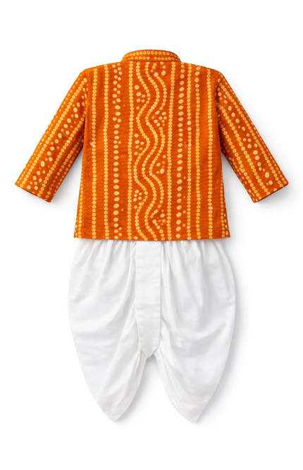Infant Boys' Orange and Gold Bandhani Print Angrakha Kurta with White Dhoti Pants