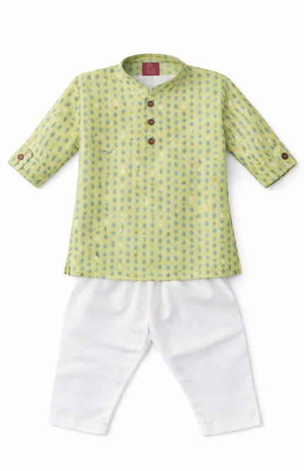 Green Printed Kurta Pajama Set for Boys | Soft Festive Kidswear