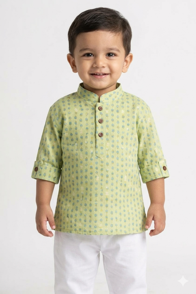 Green Printed Kurta Pajama Set for Boys | Soft Festive Kidswear