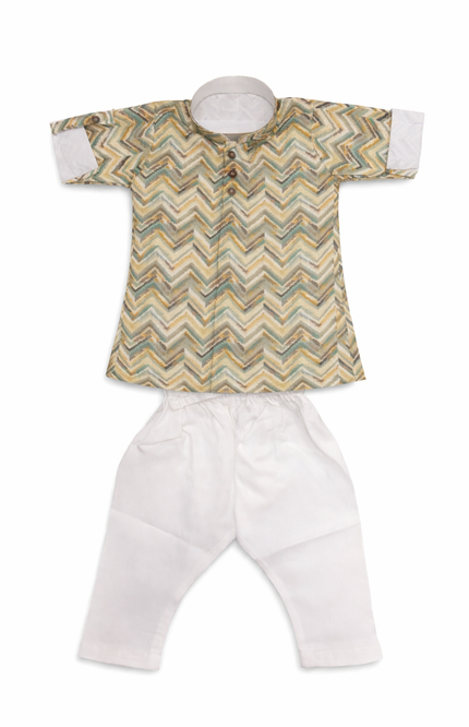 Infant Boys' Sage and Ochre Chevron Print Kurta with White Pajamas