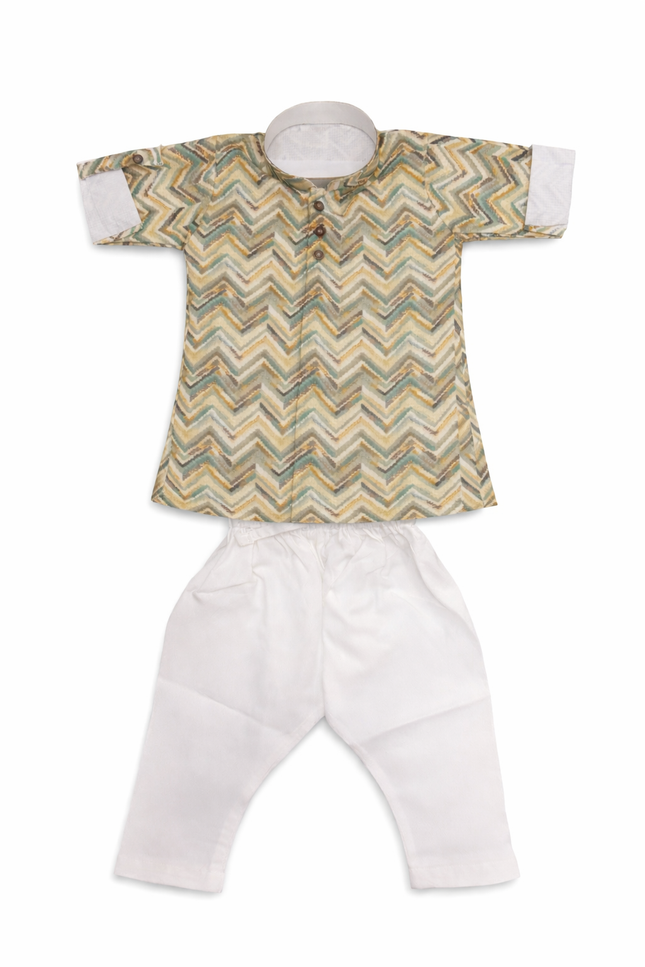Infant Boys' Sage and Ochre Chevron Print Kurta with White Pajamas