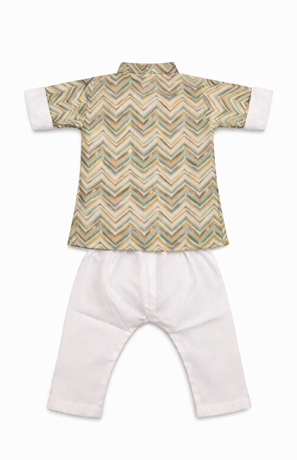 Infant Boys' Sage and Ochre Chevron Print Kurta with White Pajamas