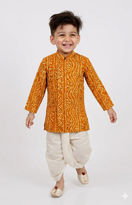 Boys' Festive Bandhani Print Kurta and Cream Dhoti Set