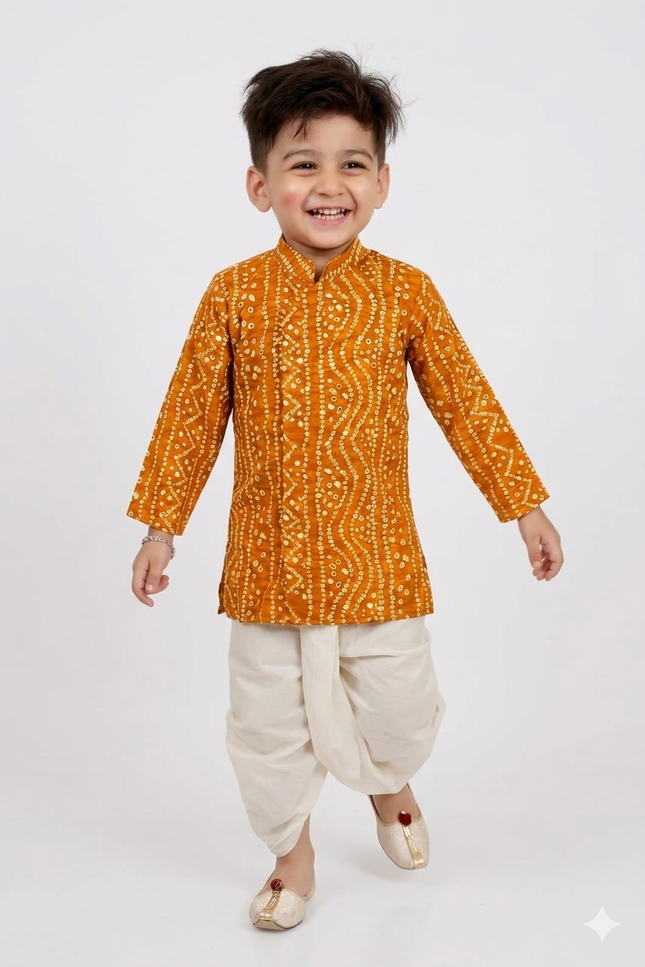 Boys' Festive Bandhani Print Kurta and Cream Dhoti Set