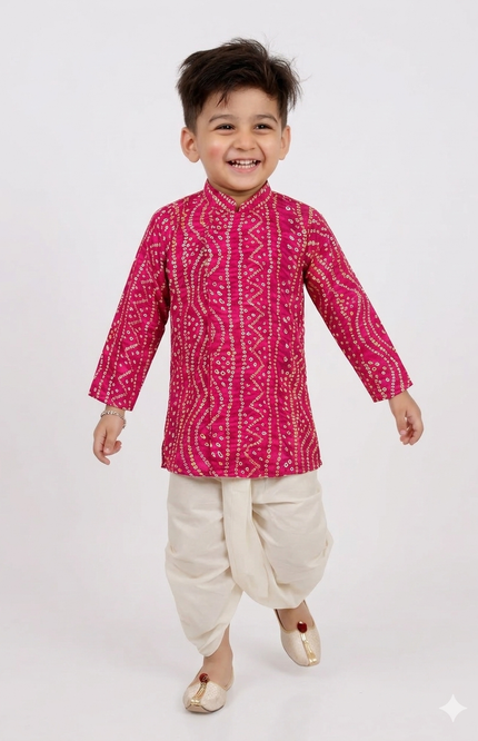 Boys' Festive Bandhani Print Kurta and Cream Dhoti Set