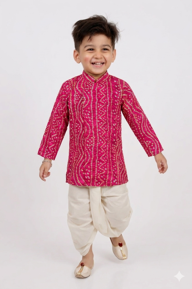 Boys' Festive Bandhani Print Kurta and Cream Dhoti Set