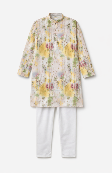 Kids' Contemporary Ethnic Kurta Set – Multi-Color Artistic Print with White Pajama