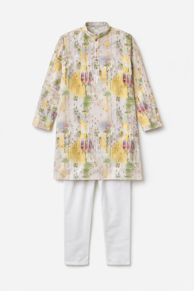 Kids' Contemporary Ethnic Kurta Set – Multi-Color Artistic Print with White Pajama