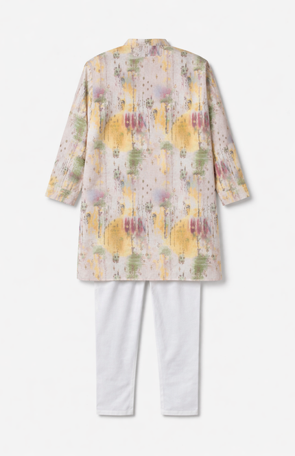 Kids' Contemporary Ethnic Kurta Set – Multi-Color Artistic Print with White Pajama