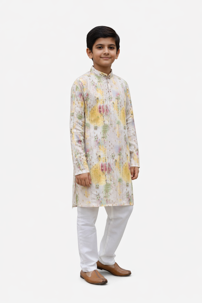 Kids' Contemporary Ethnic Kurta Set – Multi-Color Artistic Print with White Pajama