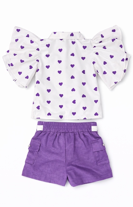 Girls White & Purple Heart Print Top with Shorts Set – Stylish Casual Wear