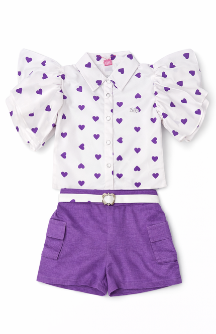 Girls White & Purple Heart Print Top with Shorts Set – Stylish Casual Wear