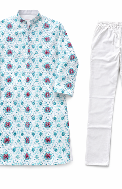 Boys Floral Print Kurta Pajama Set with Mandarin Collar – Sky Blue & White