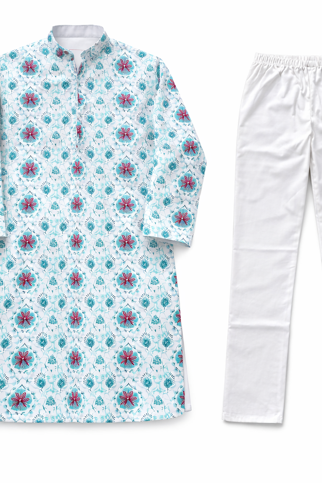 Boys Floral Print Kurta Pajama Set with Mandarin Collar – Sky Blue & White