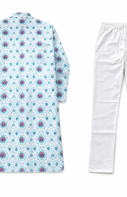 Boys Floral Print Kurta Pajama Set with Mandarin Collar – Sky Blue & White
