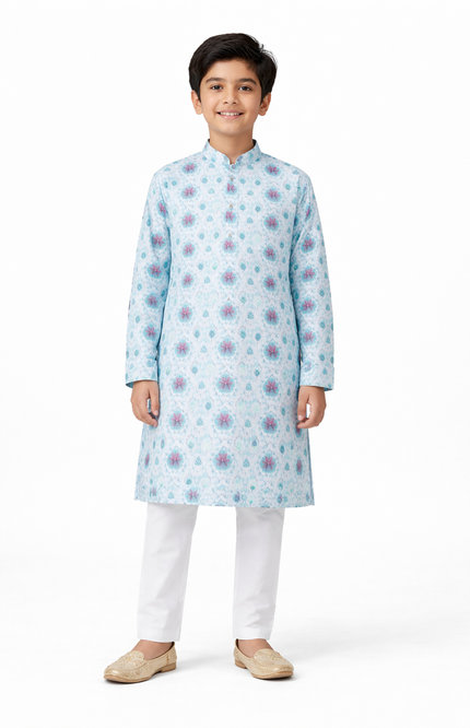 Boys Floral Print Kurta Pajama Set with Mandarin Collar – Sky Blue & White