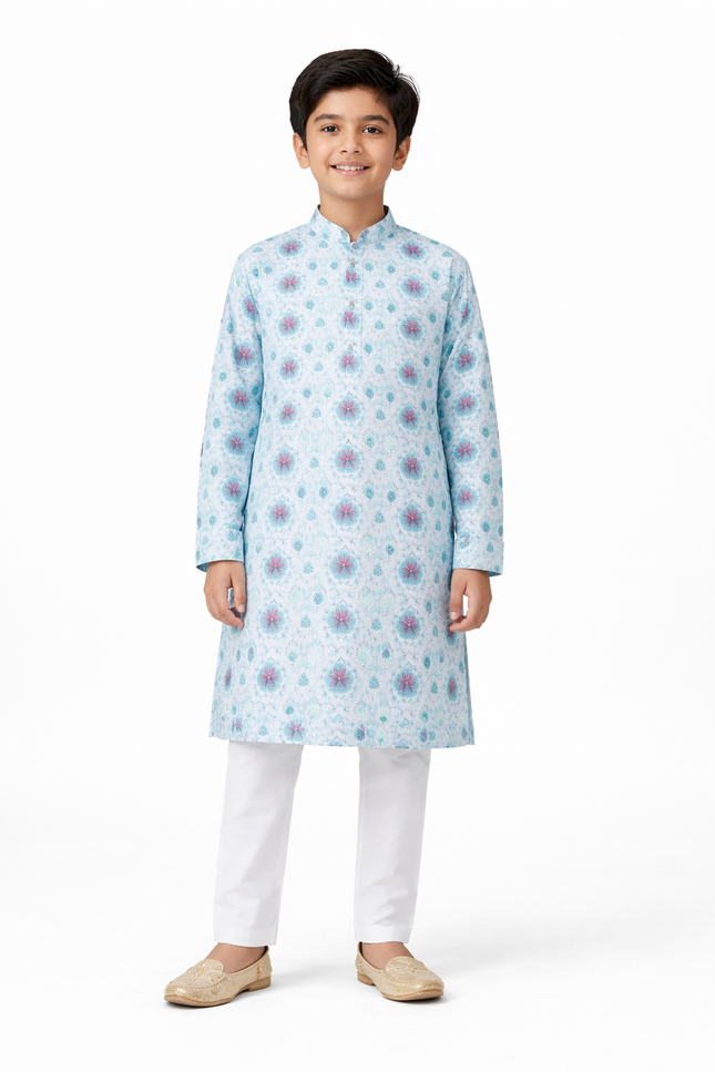 Boys Floral Print Kurta Pajama Set with Mandarin Collar – Sky Blue & White
