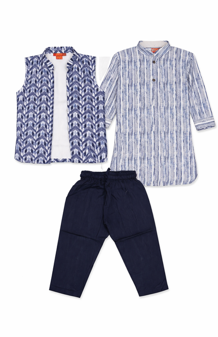 Boys' Indigo Chevron Print 3-Piece Kurta Pajama Set with Waistcoat