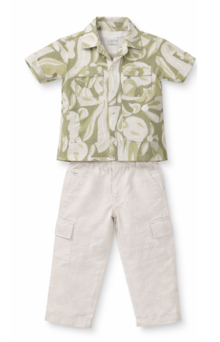 Boys' 3-Piece Cotton Sage Green Printed Shirt and Cargo Set