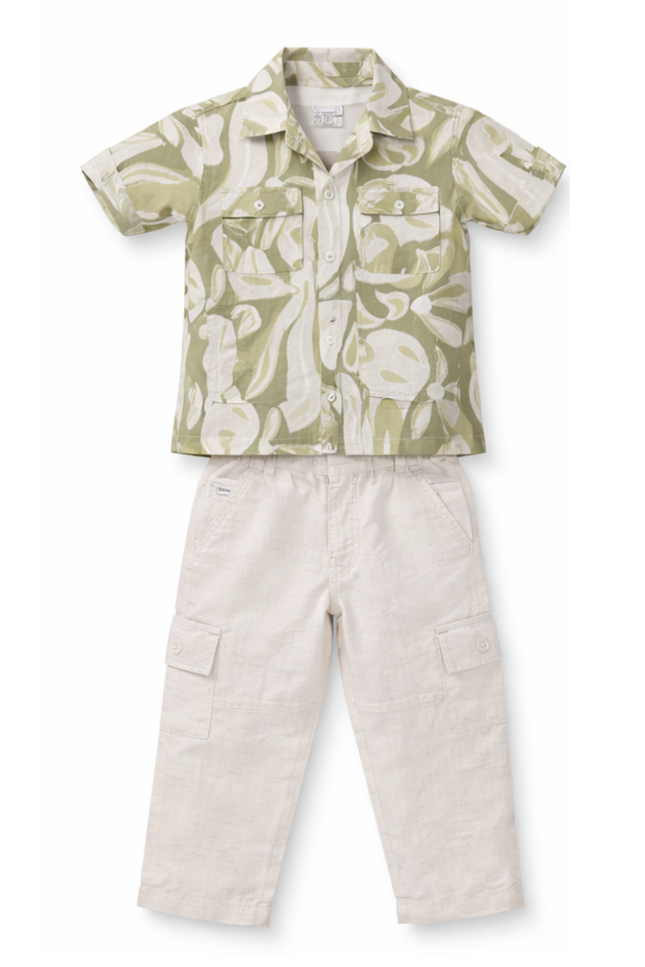 Boys' 3-Piece Cotton Sage Green Printed Shirt and Cargo Set